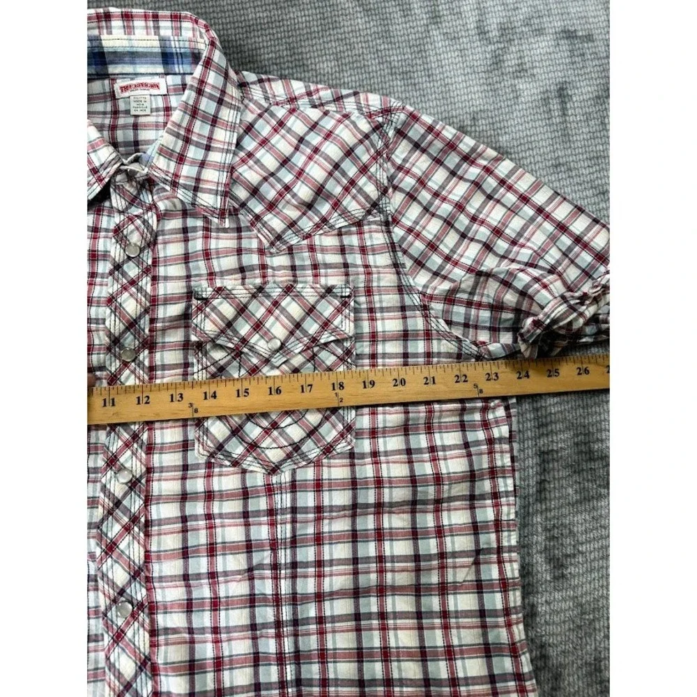 True‎ Religion Mens 2XL Western Pearl Snap Shirt Short Sleeve Plaid Red White.